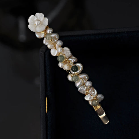 Floral Pearl and Green Stone Hair Barrette Set